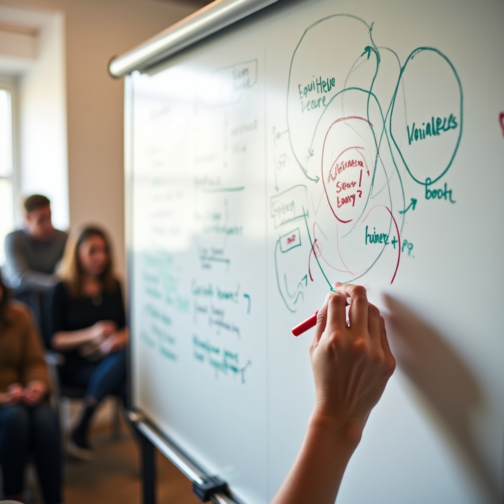 Diagrama en pizarra mostrando relaciones entre variables con flechas y anotaciones