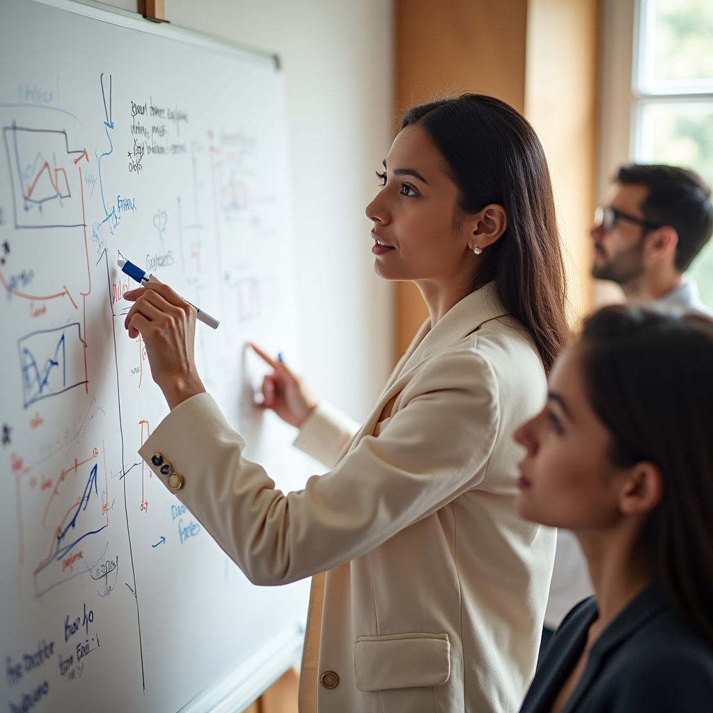 Profesional analizando datos en pizarra durante sesión de trabajo