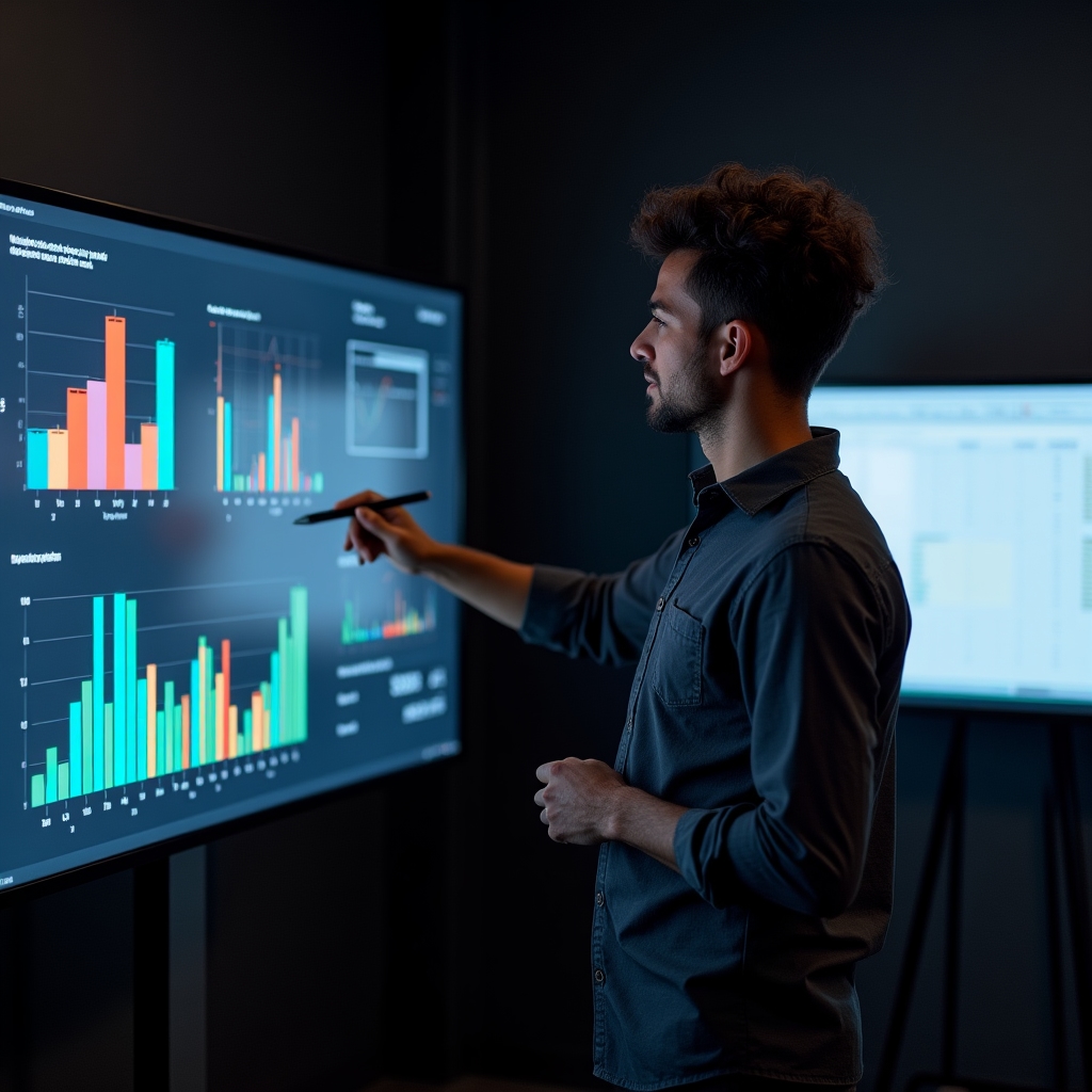 Profesional revisando gráficos y visualizaciones de datos en pantalla de ordenador