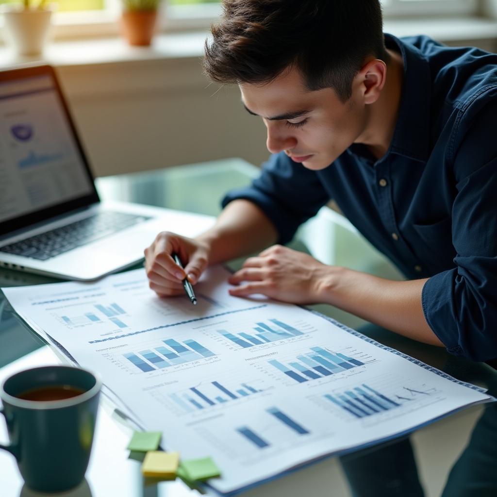 Profesional examinando gráficos y datos en presentación de negocio