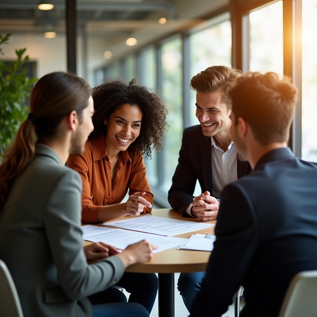 Pequeño grupo de profesionales analizando un caso empresarial en mesa de trabajo